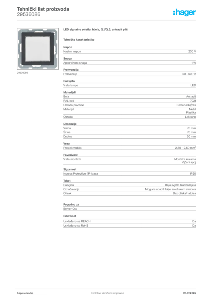 Slika Hager Product data sheet 29536086  | Hager