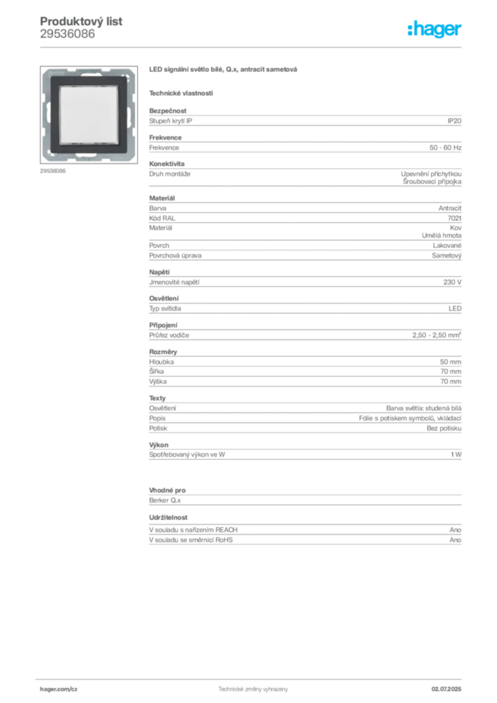 Obrázek Hager Produktový list 29536086 | Hager