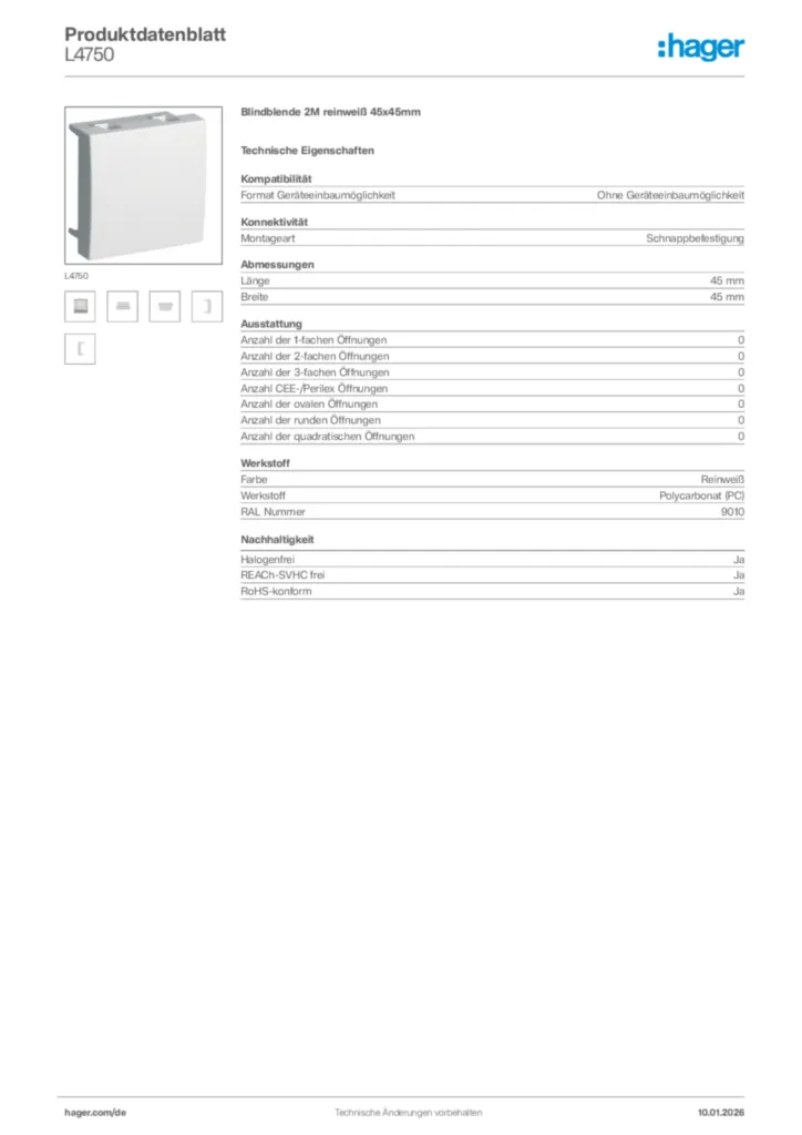 Bild Hager Produktdatenblatt L4750 | Hager Deutschland