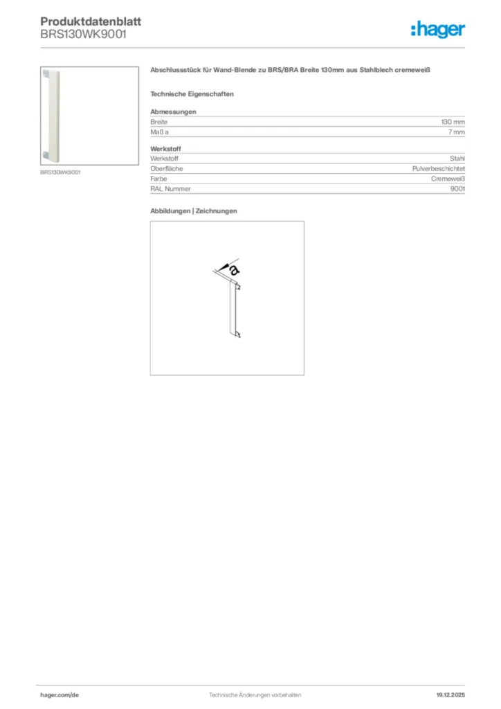 Bild Hager Produktdatenblatt BRS130WK9001 | Hager Deutschland