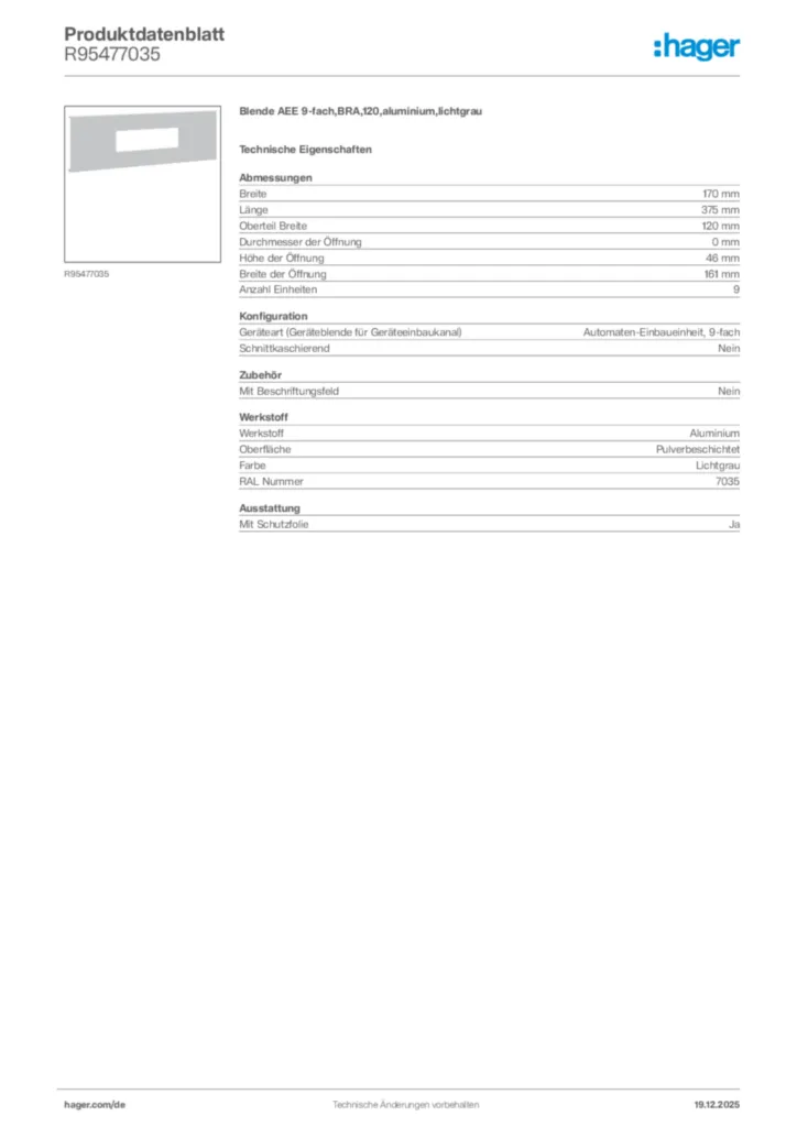 Bild Hager Produktdatenblatt R95477035 | Hager Deutschland