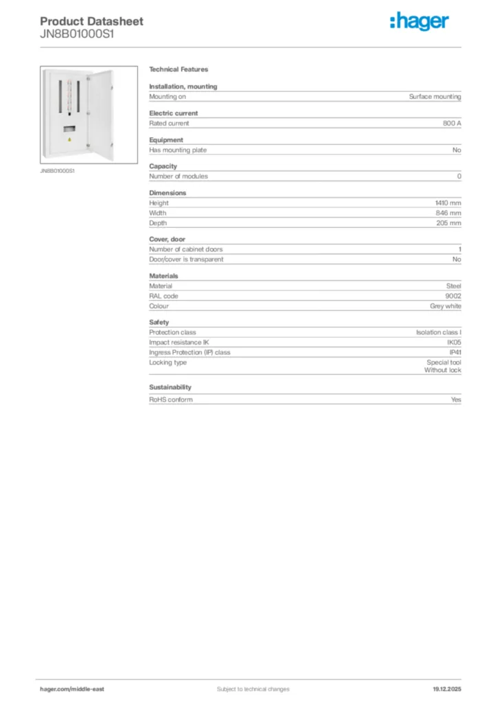 Image Hager Product data sheet JN8B01000S1  | Hager