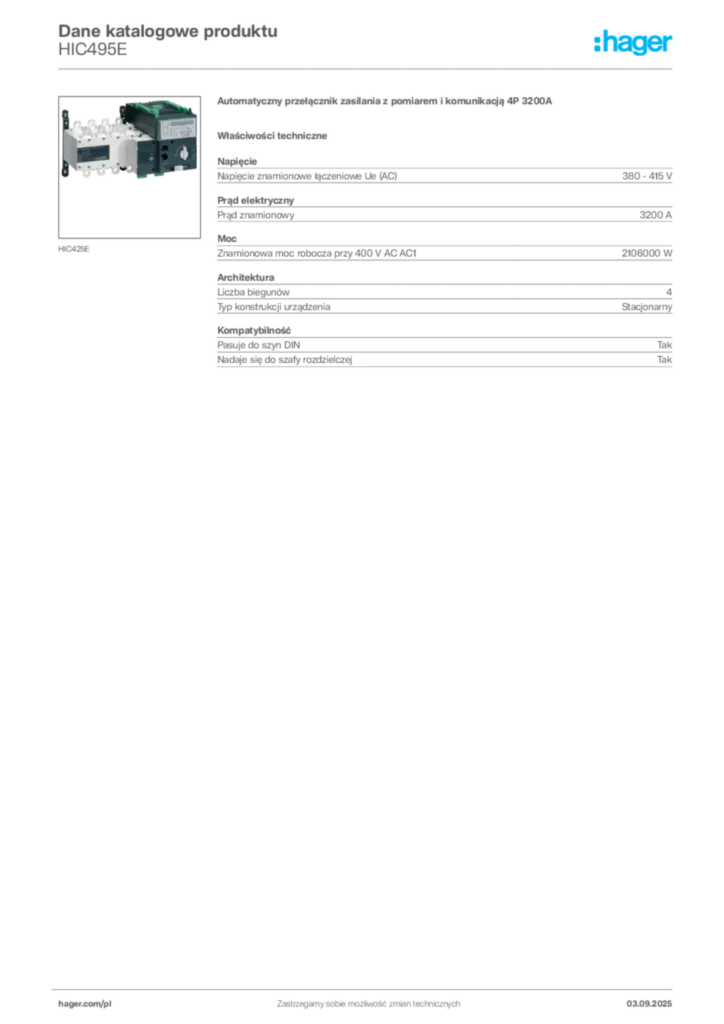 Zdjęcie Hager Karta katalogowa HIC495E | Hager Polska
