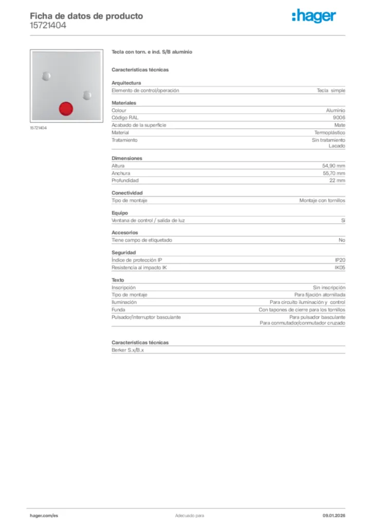 Imagen Hager Ficha de datos de producto 15721404 | Hager España