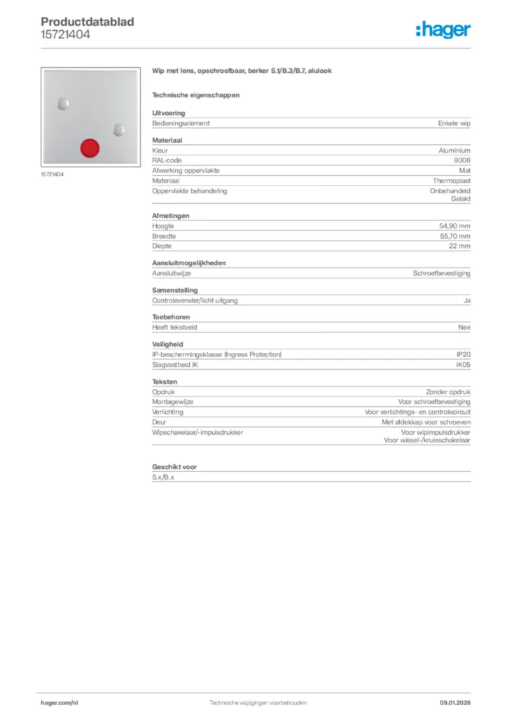 Afbeelding Hager Productdatablad 15721404 | Hager Nederland