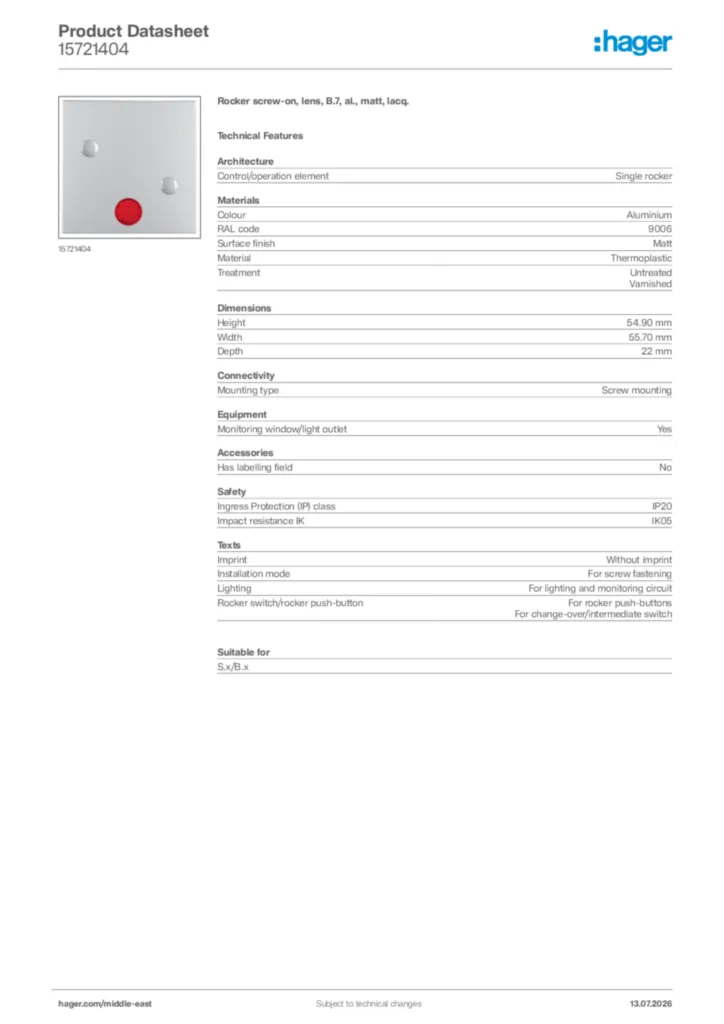 Image Hager Product data sheet 15721404  | Hager