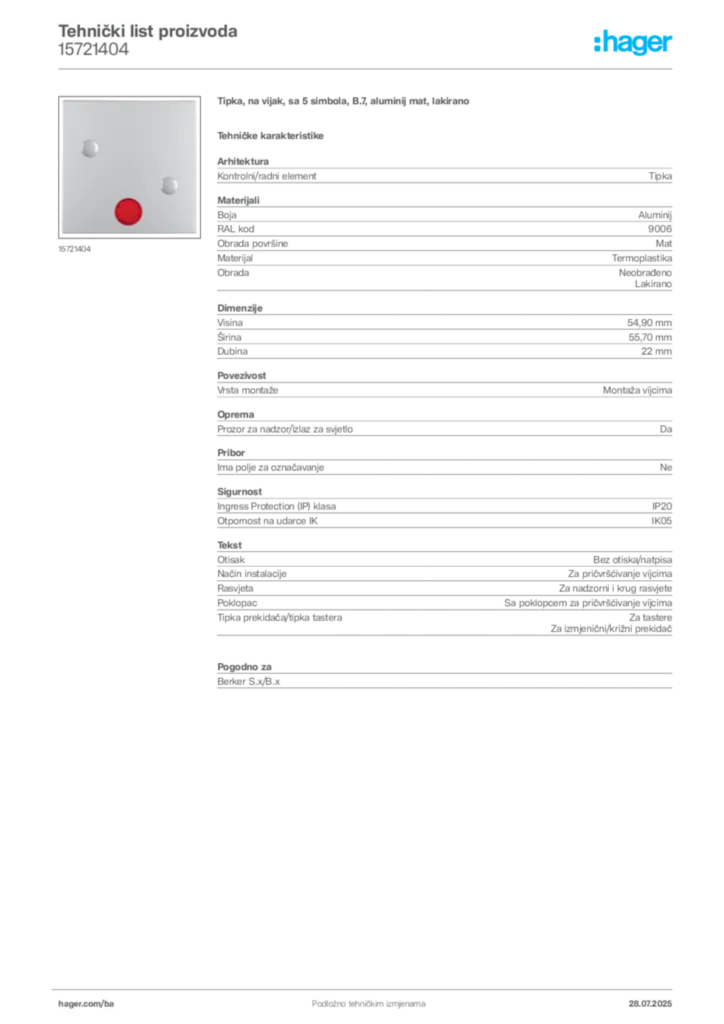 Slika Hager Product data sheet 15721404  | Hager