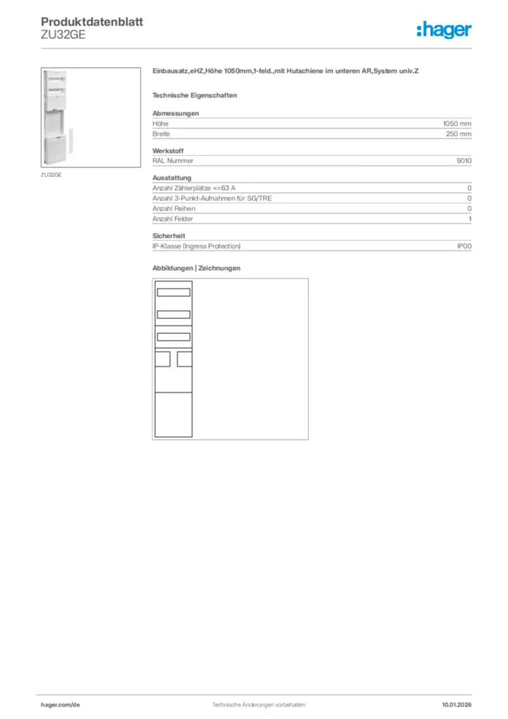 Bild Hager Produktdatenblatt ZU32GE | Hager Deutschland