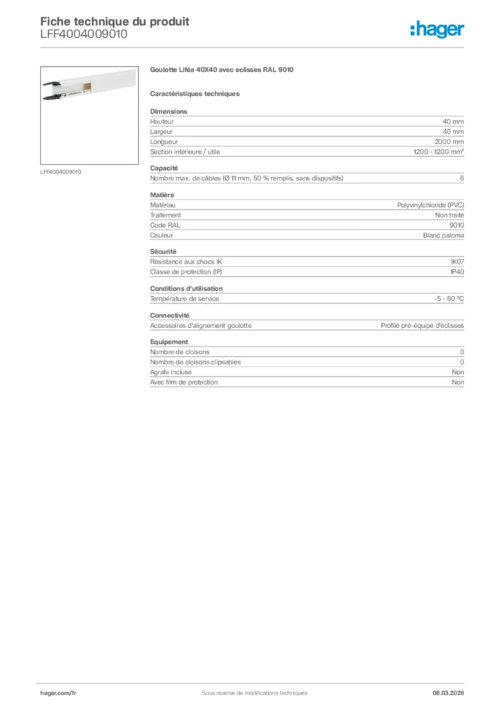 Image Hager Fiche technique du produit LFF4004009010 | Hager France
