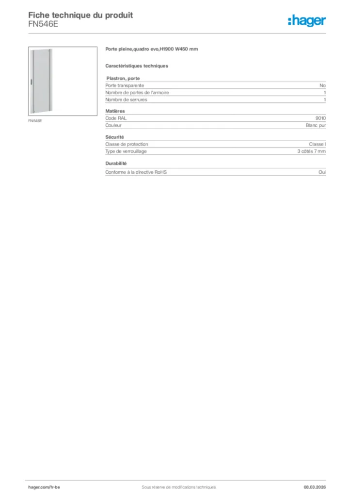 Image Hager Fiche technique du produit FN546E | Hager Belgique