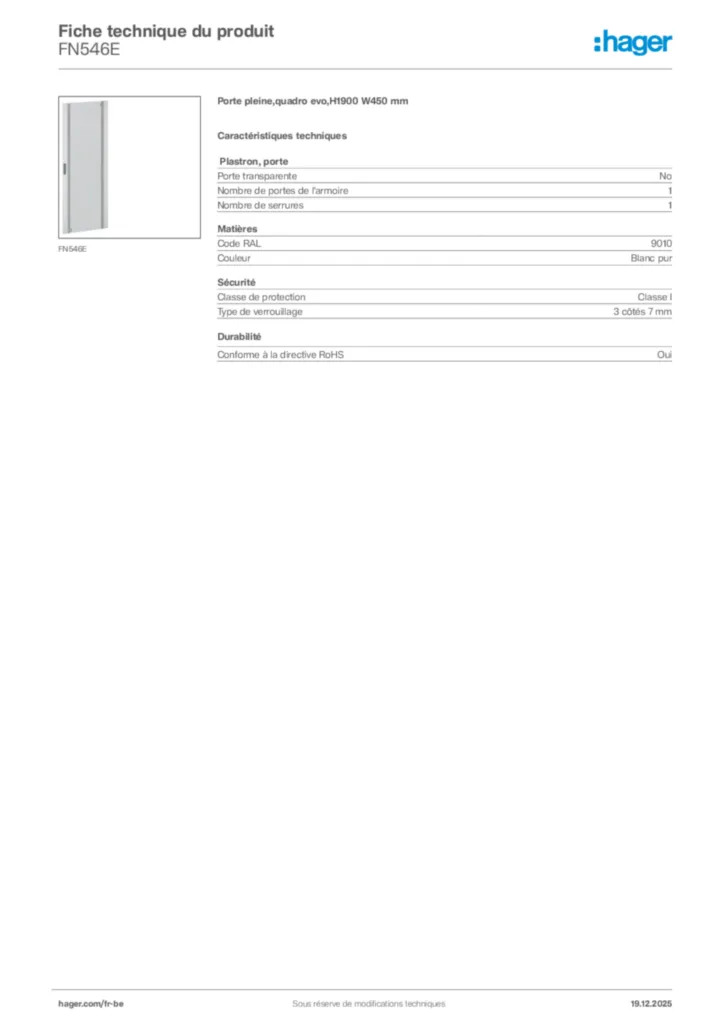 Image Hager Fiche technique du produit FN546E | Hager Belgique