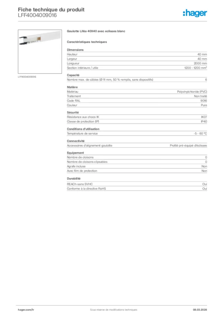 Image Hager Fiche technique du produit LFF4004009016 | Hager France