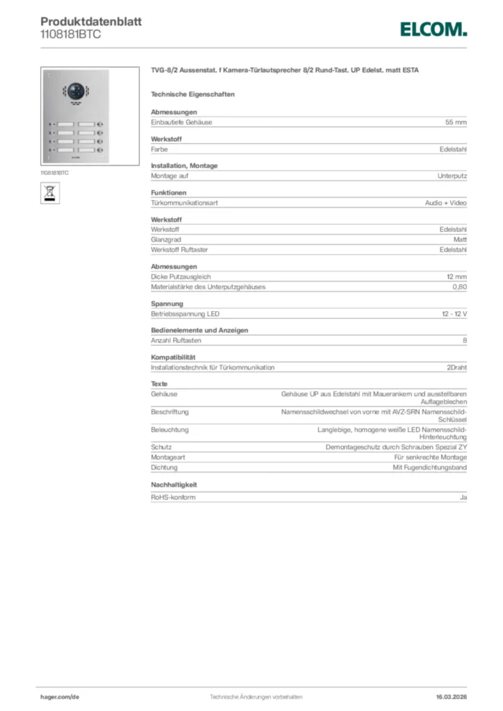Bild Elcom Produktdatenblatt 1108181BTC | Hager Deutschland
