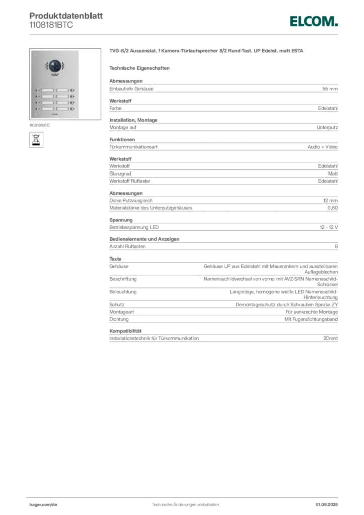 Bild Elcom Produktdatenblatt 1108181BTC | Hager Deutschland