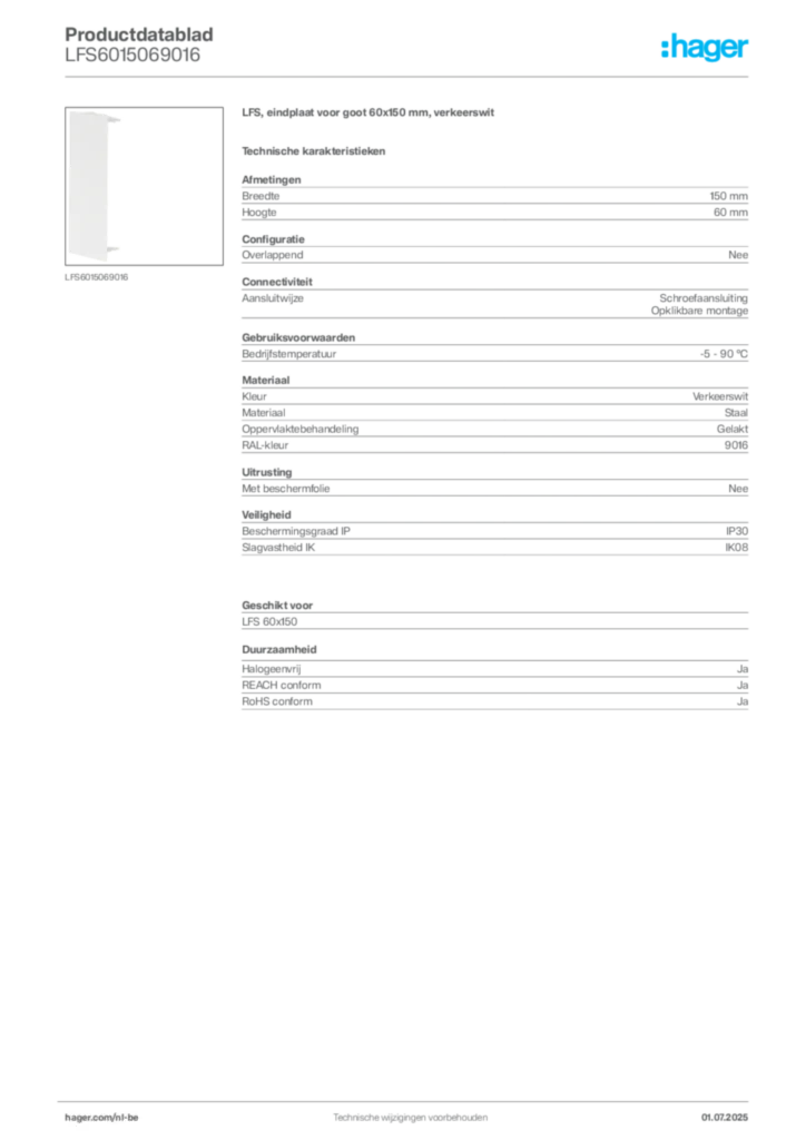 Afbeelding Hager Productdatablad LFS6015069016 | Hager Belgium