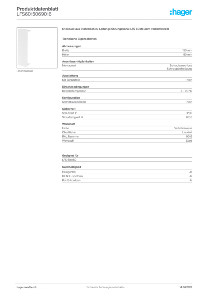 Bild Hager Produktdatenblatt LFS6015069016 | Hager Schweiz