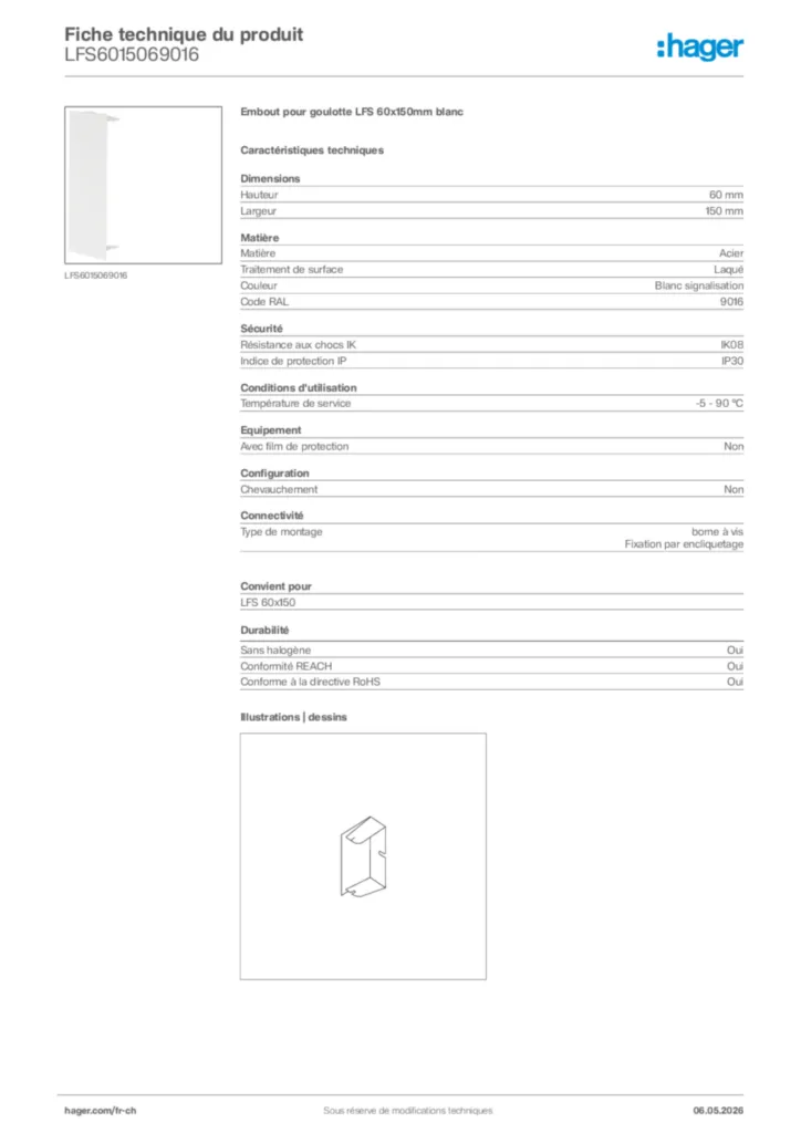 Image Hager Fiche technique du produit LFS6015069016 | Hager Suisse