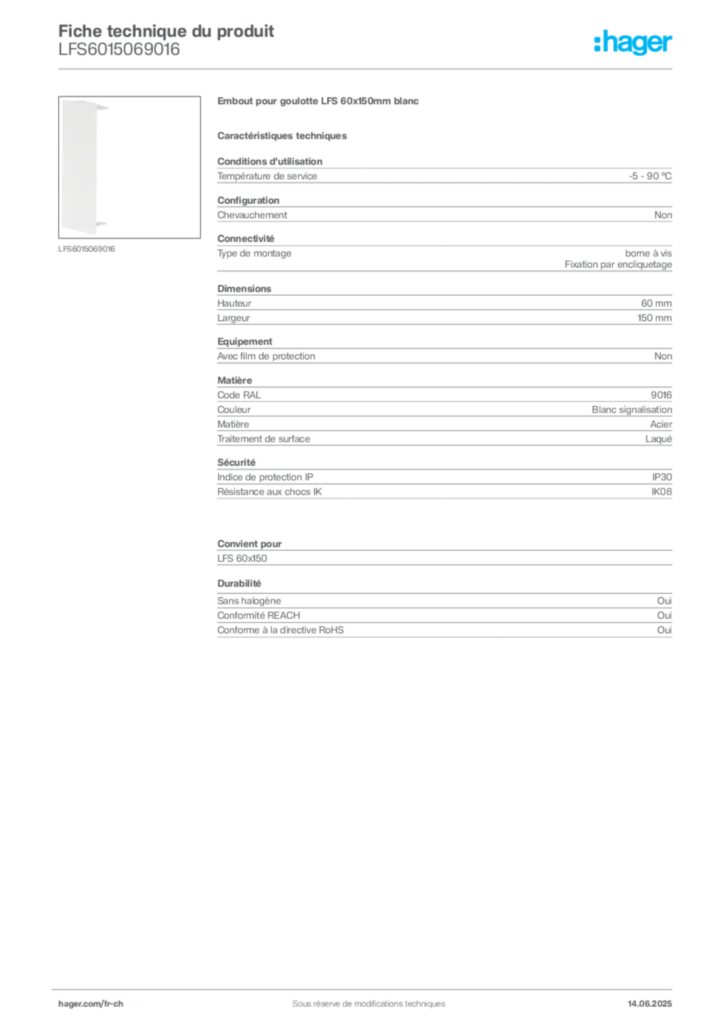 Image Hager Fiche technique du produit LFS6015069016 | Hager Suisse