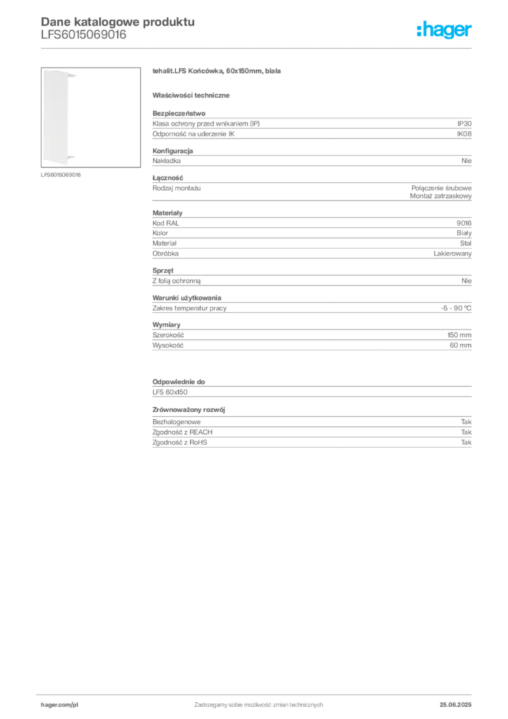 Zdjęcie Hager Karta katalogowa LFS6015069016 | Hager Polska