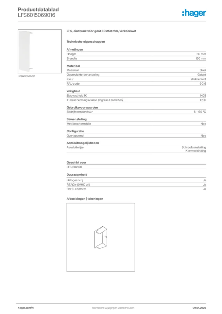 Afbeelding Hager Productdatablad LFS6015069016 | Hager Nederland