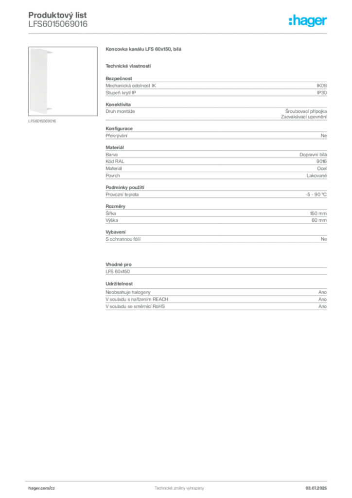 Obrázek Hager Produktový list LFS6015069016 | Hager