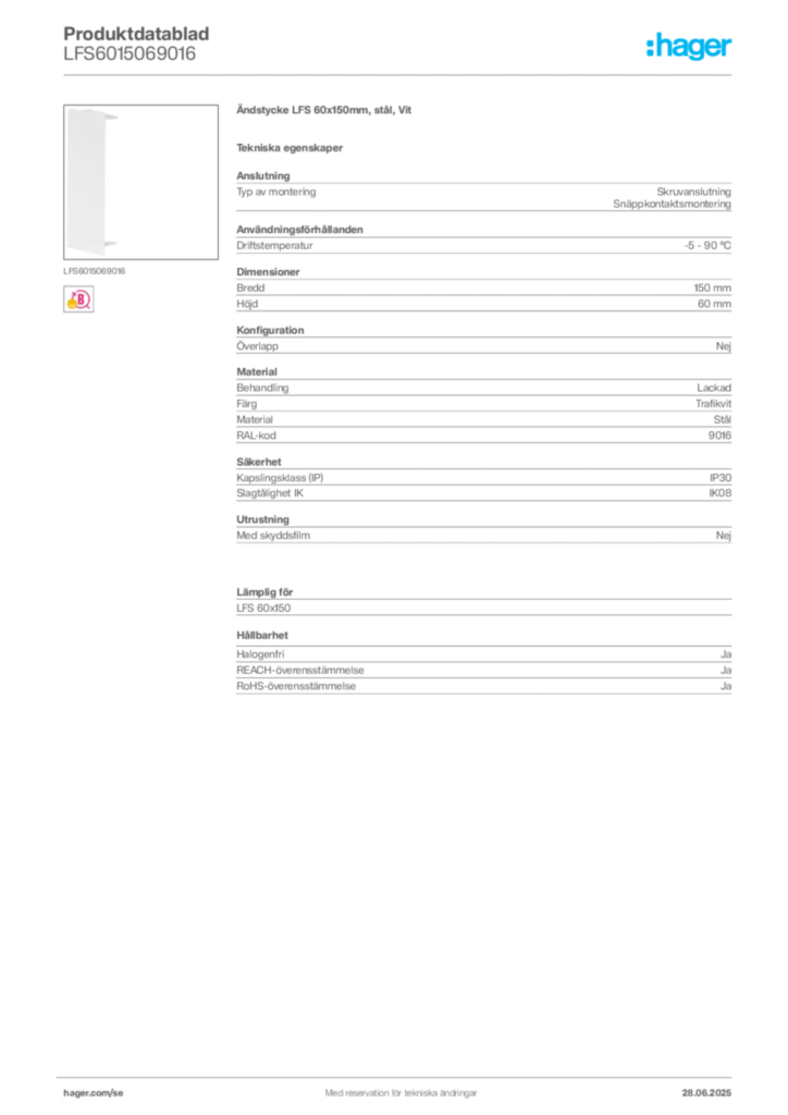 Bild Hager Produktdatablad LFS6015069016 | Hager Sverige