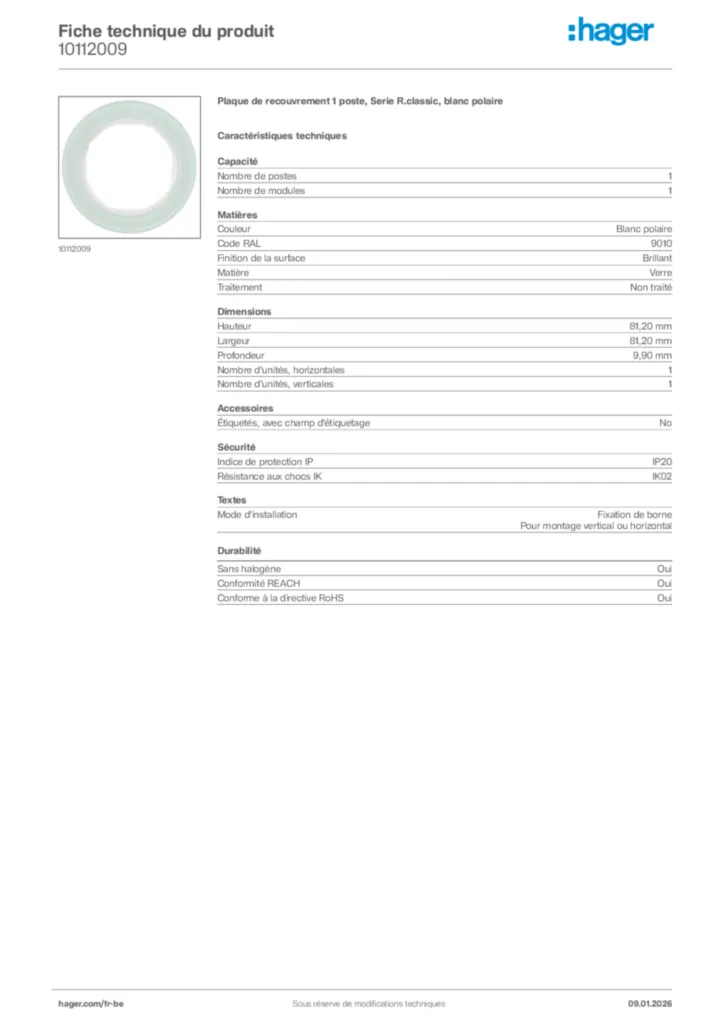 Image Hager Fiche technique du produit 10112009 | Hager Belgique