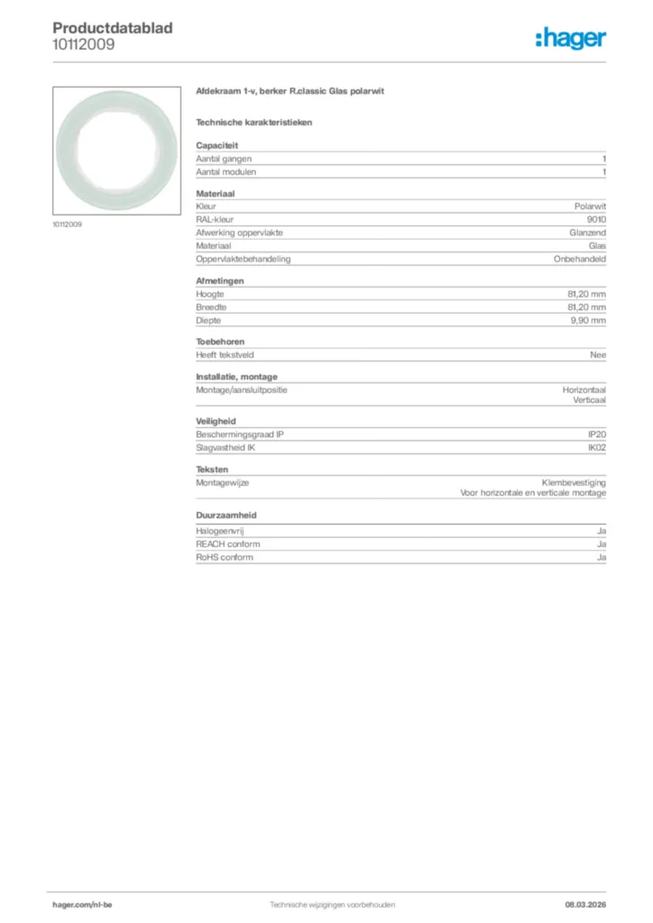 Afbeelding Hager Productdatablad 10112009 | Hager Belgium