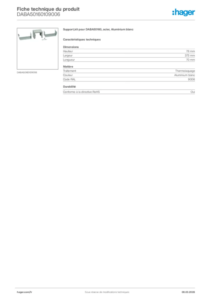 Image Hager Fiche technique du produit DABA50160109006 | Hager France