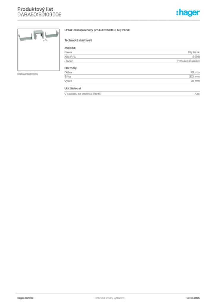 Obrázek Hager Produktový list DABA50160109006 | Hager