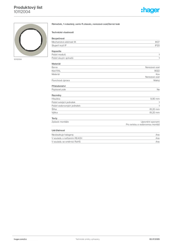 Obrázek Hager Produktový list 10112004 | Hager
