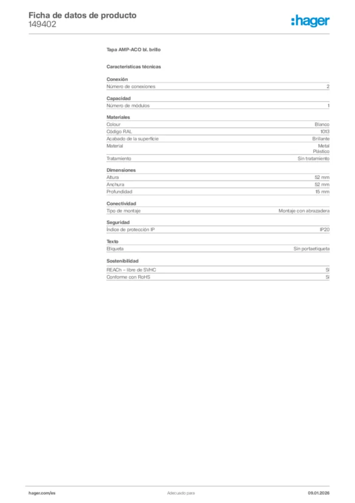 Imagen Hager Ficha de datos de producto 149402 | Hager España