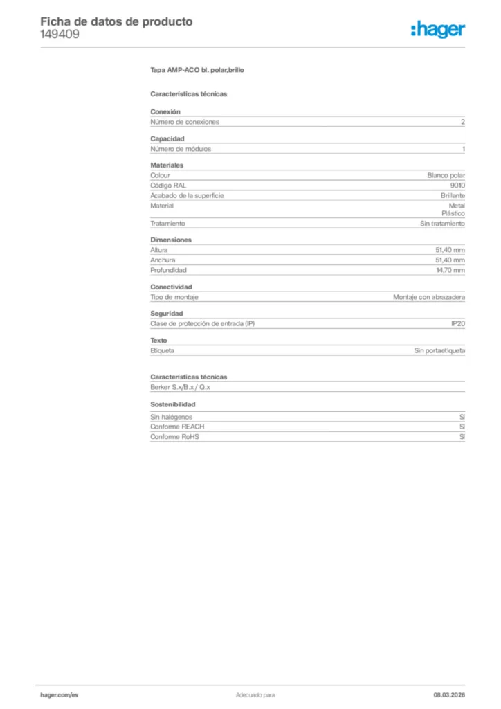 Imagen Hager Ficha de datos de producto 149409 | Hager España