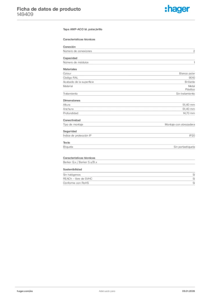 Imagen Hager Ficha de datos de producto 149409 | Hager España