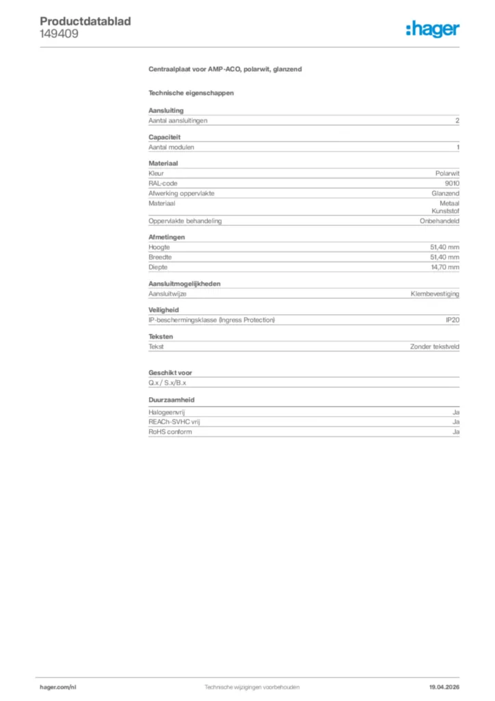 Afbeelding Hager Productdatablad 149409 | Hager Nederland