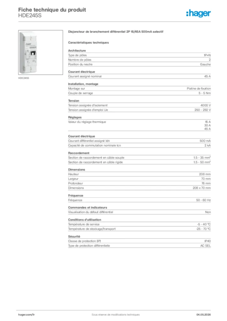 Image Hager Fiche technique du produit HDE245S | Hager France