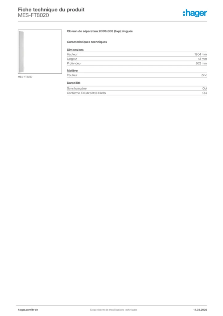 Image Hager Fiche technique du produit MES-FT8020 | Hager Suisse