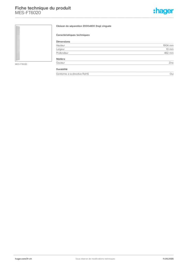 Image Hager Fiche technique du produit MES-FT6020 | Hager Suisse