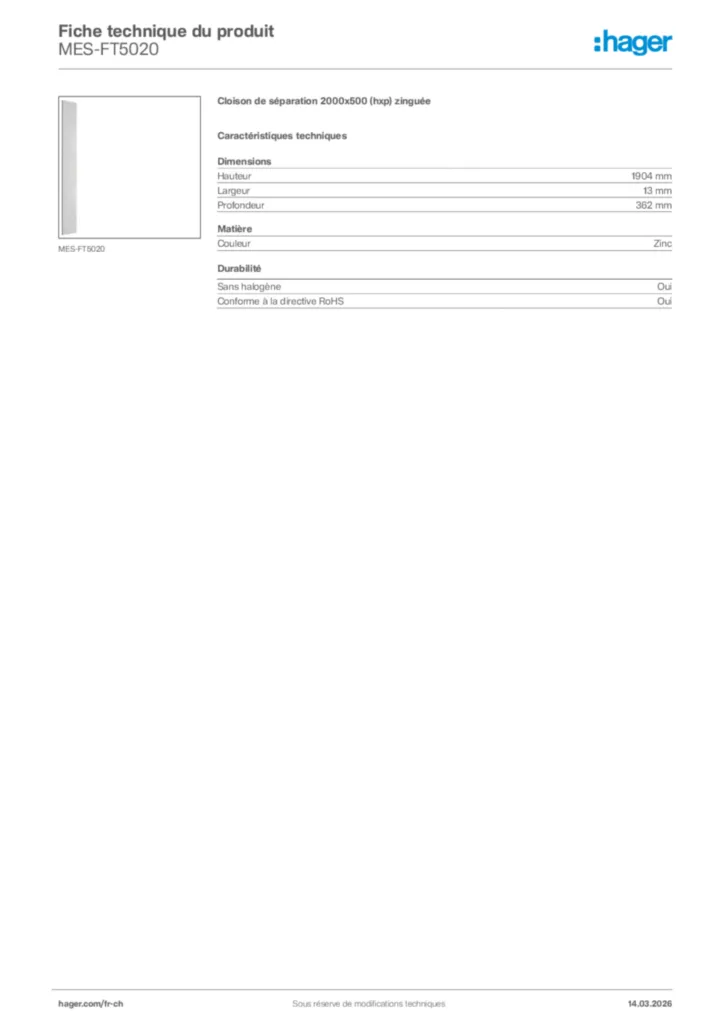 Image Hager Fiche technique du produit MES-FT5020 | Hager Suisse