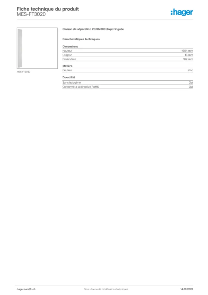 Image Hager Fiche technique du produit MES-FT3020 | Hager Suisse