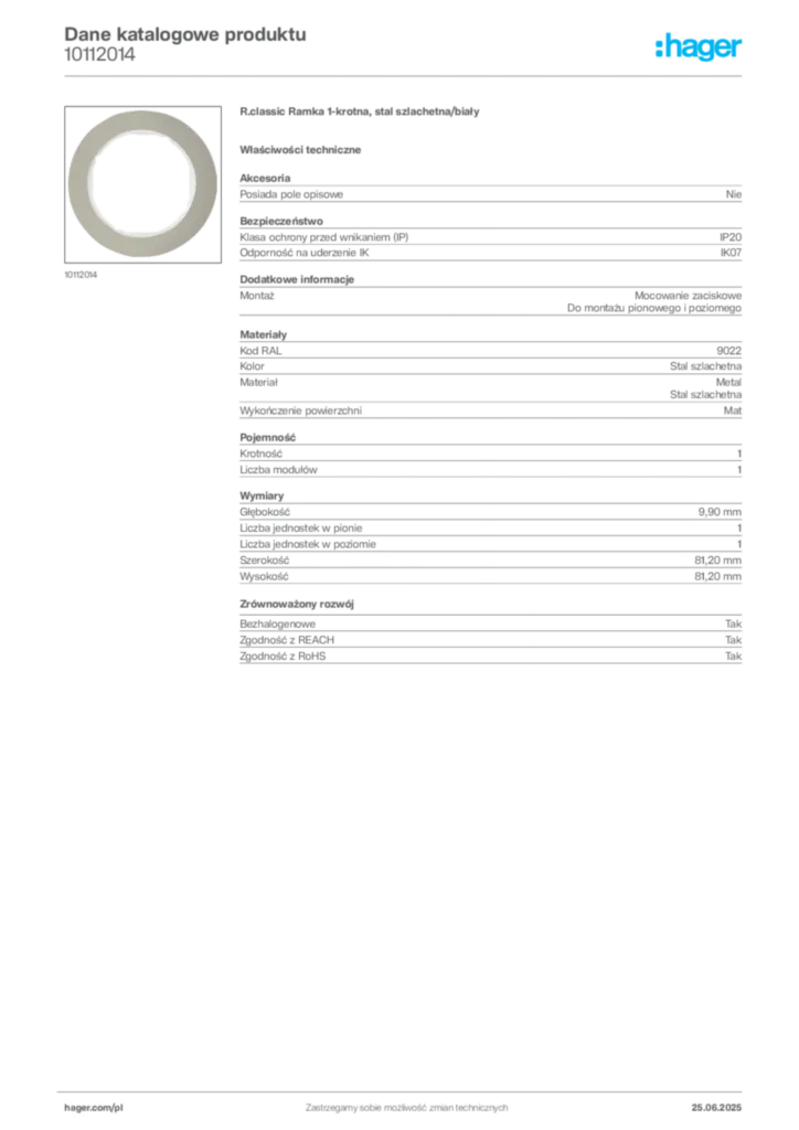 Zdjęcie Hager Karta katalogowa 10112014 | Hager Polska