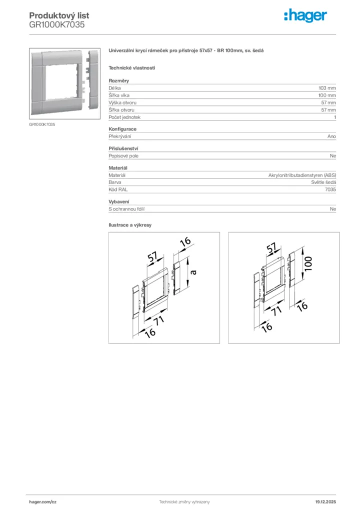 Obrázek Hager Produktový list GR1000K7035 | Hager