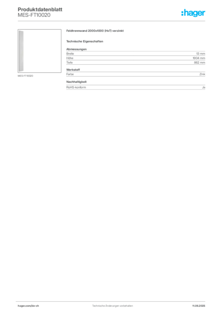 Bild Hager Produktdatenblatt MES-FT10020 | Hager Schweiz