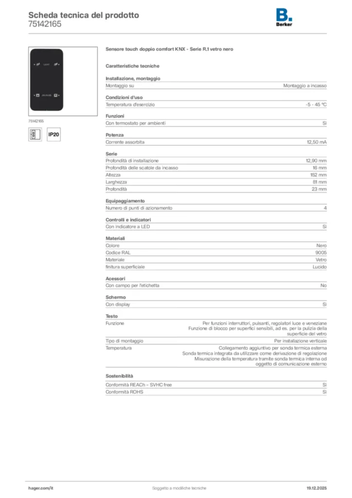 Immagine Berker Scheda tecnica del prodotto 75142165 | Hager Italia