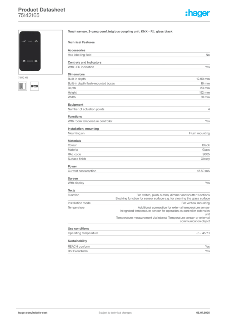 Image Hager Product data sheet 75142165  | Hager