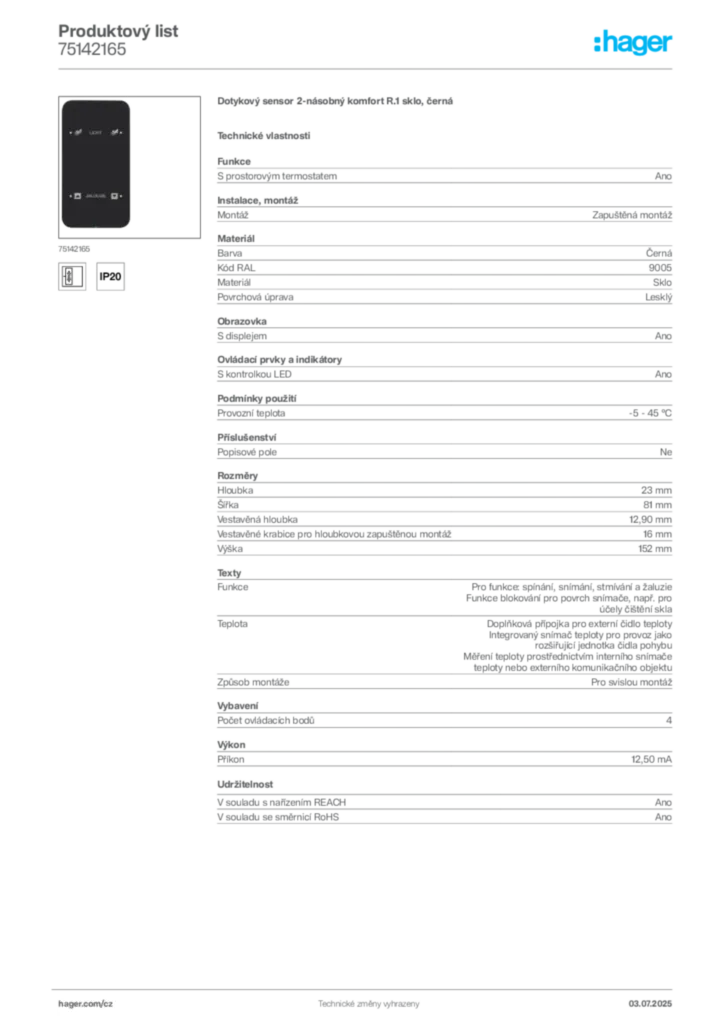 Obrázek Hager Produktový list 75142165 | Hager