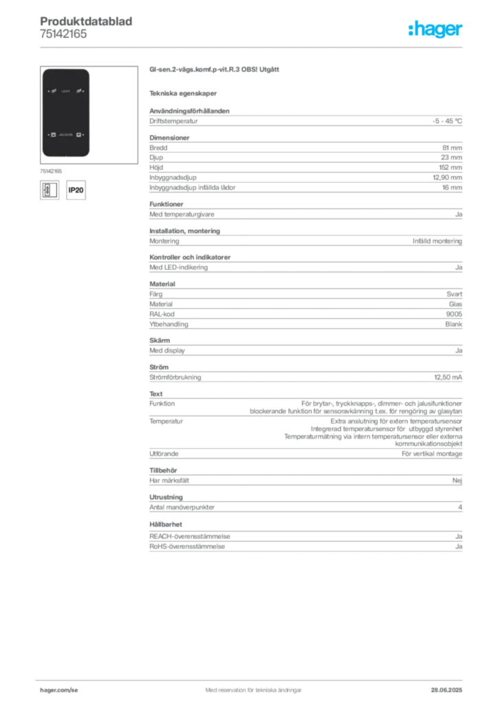 Bild Hager Produktdatablad 75142165 | Hager Sverige