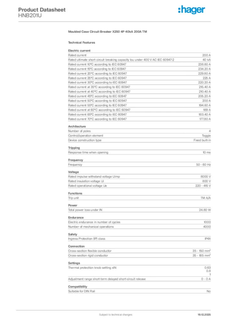Image Hager Product data sheet HNB201U  | Hager Africa