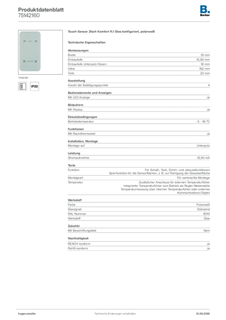Berker Produktdatenblatt 75142160