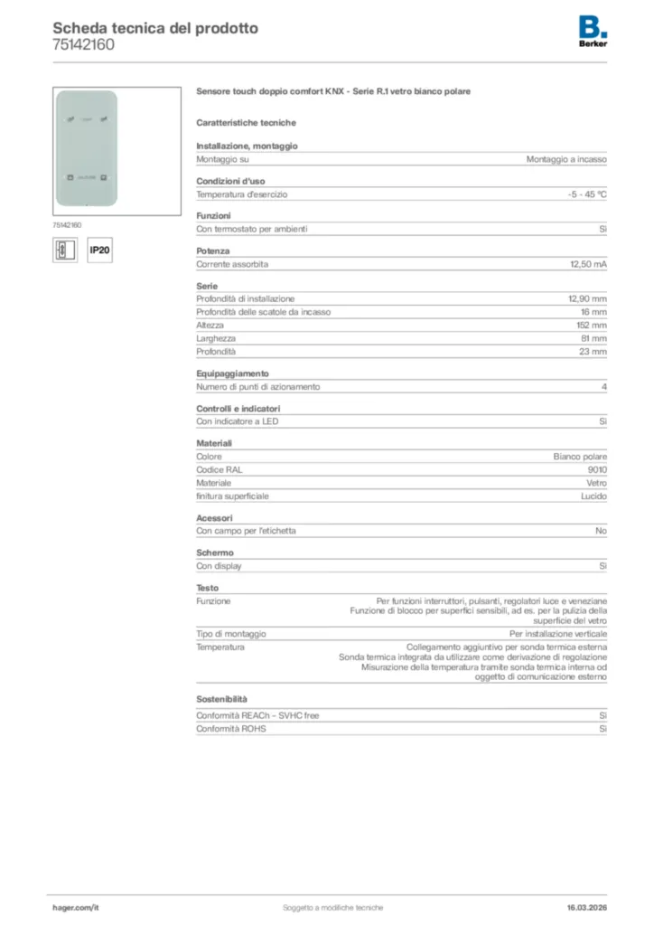 Immagine Berker Scheda tecnica del prodotto 75142160 | Hager Italia